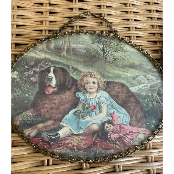 Vintage 80's Pair Victorian Girls, St Bernard Dog Brass Chain Frame Wall Decor - Picture 9 of 13